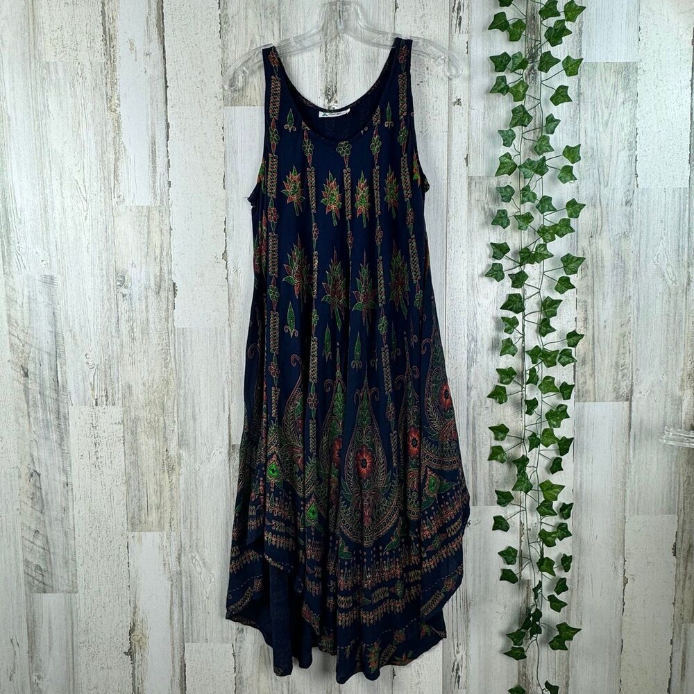 Lapogee India 100% Rayon Blue Orange Floral Long Tank Maxi Tunic Dress medium
